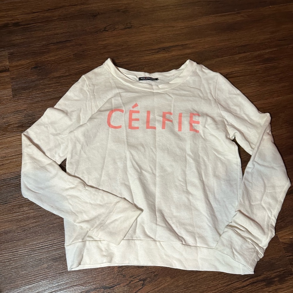 Large Célfie Pink and White Long Sleeve Crewneck Sweatshirt Top